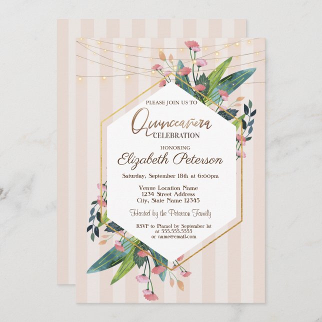 String Lights Floral Striped Quinceañera  Invitation (Front/Back)