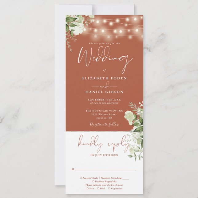 String Lights Floral Terracotta All In One Wedding Invitation (Front)