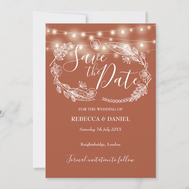 String Lights Floral Terracotta Wedding Save The Date (Front)