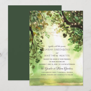 String Lights Forest Trees Path Rustic Wedding Invitation