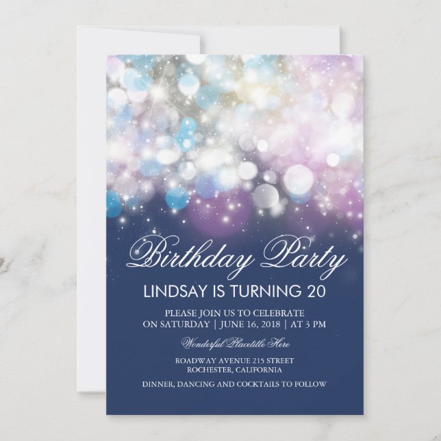 String Lights Glam Navy Vintage Birthday Party Invitation (Front)
