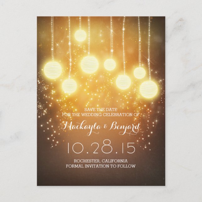 string lights glitter & lanterns save the date announcement postcard (Front)