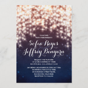 String Lights Glitter Navy Vintage Elegant Wedding Invitation