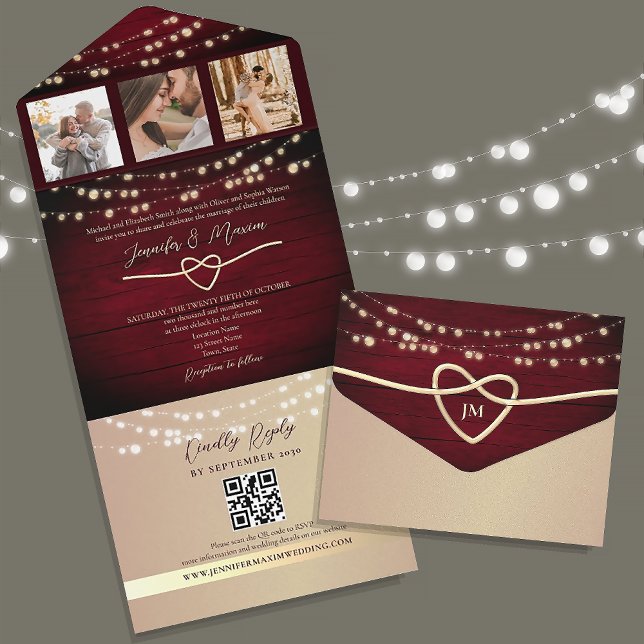 String Lights Gold and Burgundy Wedding All In One Invitation (Creator Uploaded)