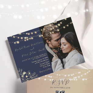 String Lights Gold and Navy Blue Wedding Invitation