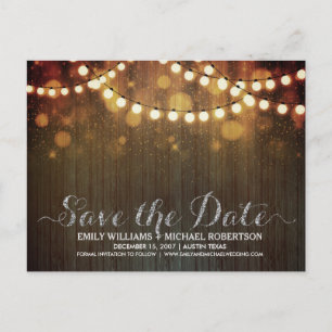 String lights gold bokeh save the date announcement postcard