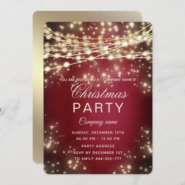 string lights  gold  corporate Christmas party red Invitation (Front/Back)