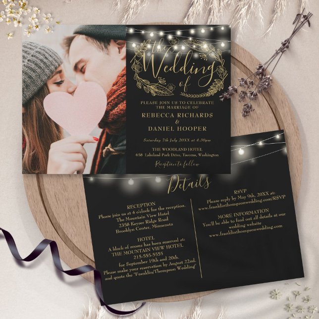 String Lights Gold Foliage Photo Wedding Details  Invitation (String Lights Gold Foliage Photo Wedding Details Invitation)