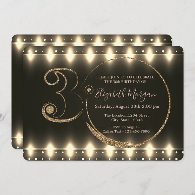 String Lights Gold Glitter 30th Birthday   Invitation (Front/Back)