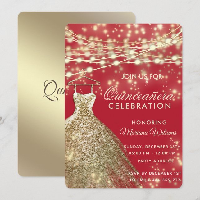String lights gold red glitter dress  invitation (Front/Back)