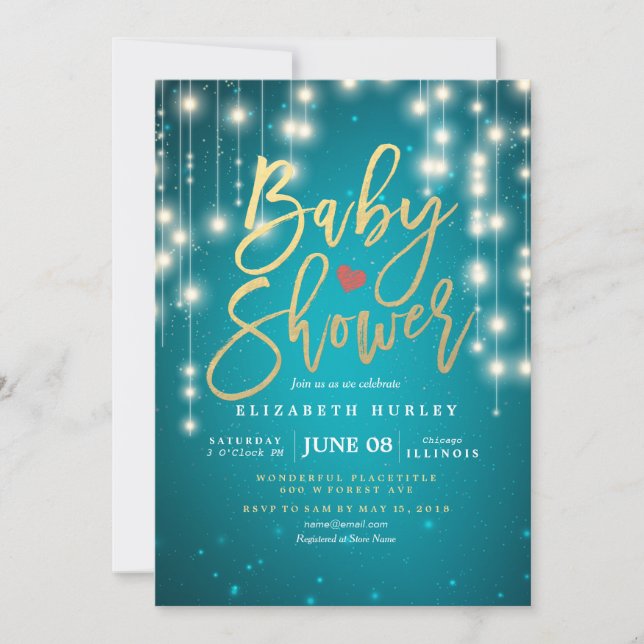 String Lights Gold Script Blue Glitter Baby Shower Invitation (Front)