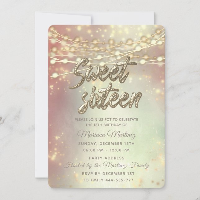 String lights gold sparkle blushed invitation (Front)