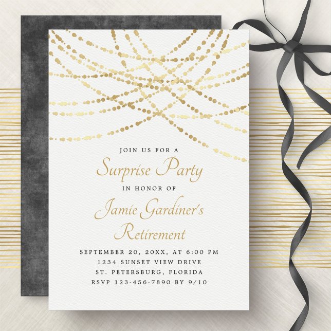String Lights Gold Surprise Retirement Party Invitation (Creator Uploaded)