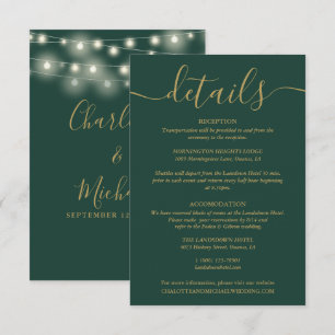String Lights Green And Gold Wedding Details Enclosure Card