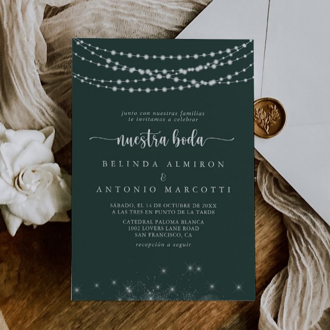 String Lights Green Nuestra Boda Wedding  Invitation (Creator Uploaded)