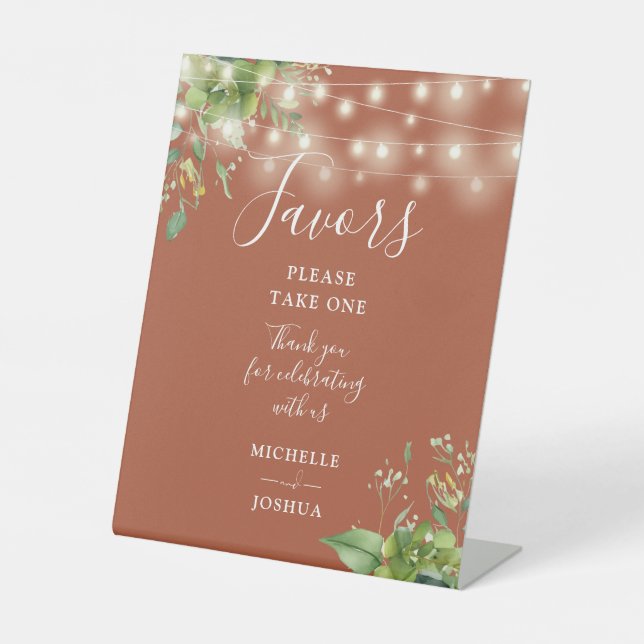 String Lights Greenery Botanical Terracotta Favour Pedestal Sign (Front)