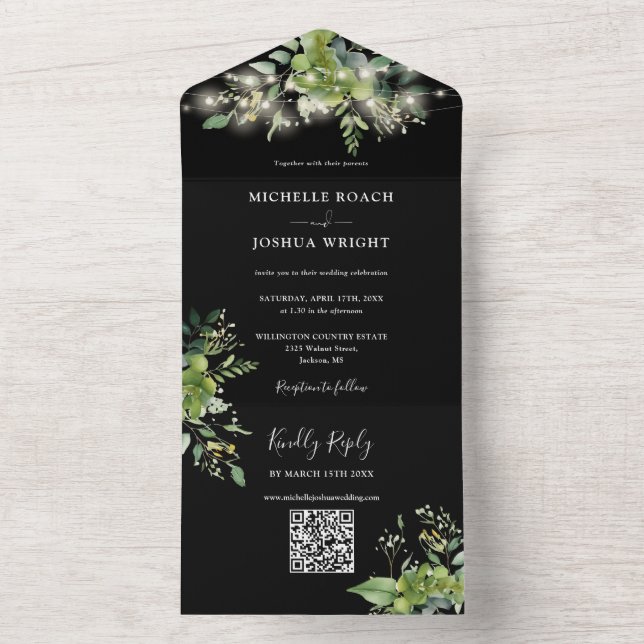 String Lights Greenery Floral QR Code Wedding All In One Invitation (Inside)