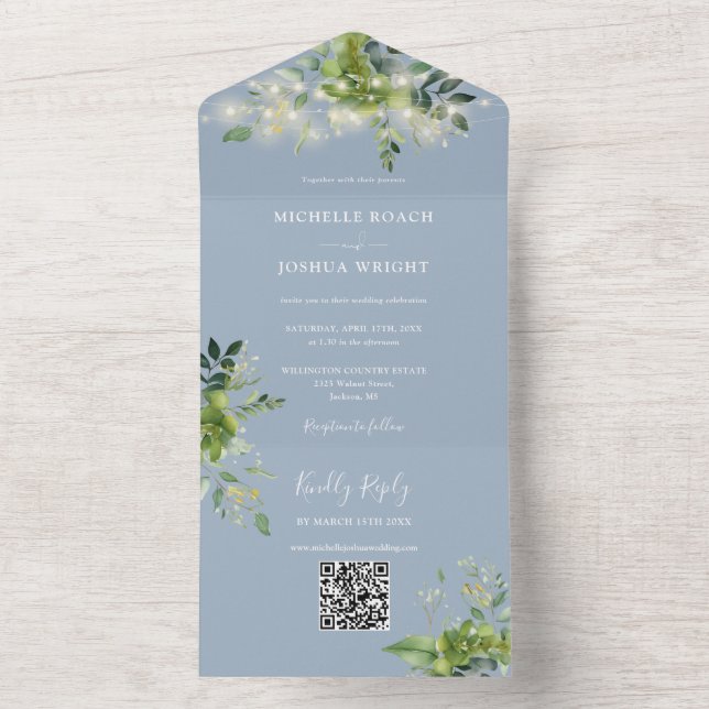 String Lights Greenery QR Code Dusty Blue Wedding All In One Invitation (Inside)