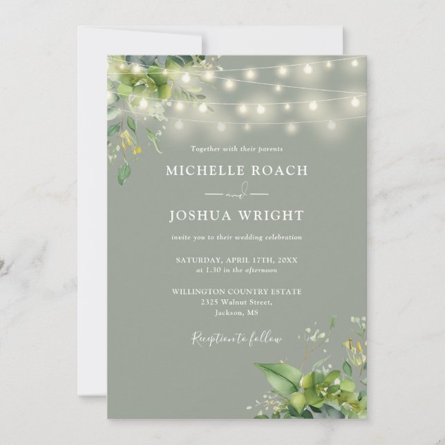 String Lights Greenery QR Code Sage Green Wedding Invitation (Front)
