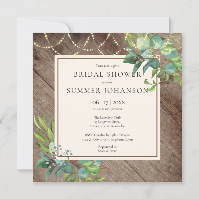 String Lights Greenery Rustic Bridal Shower Invitation (Front)