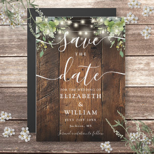 String Lights Greenery Wood Wedding Save The Date Magnetic Invitation