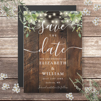 String Lights Greenery Wood Wedding Save The Date Magnetic Invitation