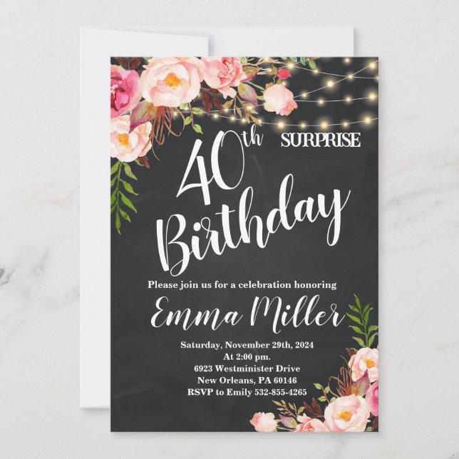 String Lights invite, Surprise 40th Birthday party Invitation (Front)