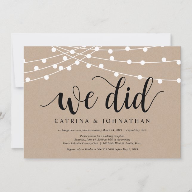 String Lights Kraft, Black font, Wedding Elopement Invitation (Front)