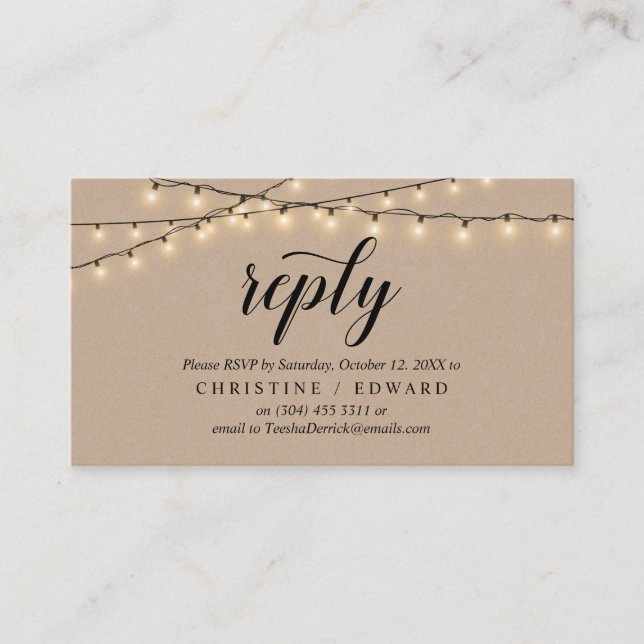 String Lights Kraft, Black Script, RSVP respond Enclosure Card (Front)