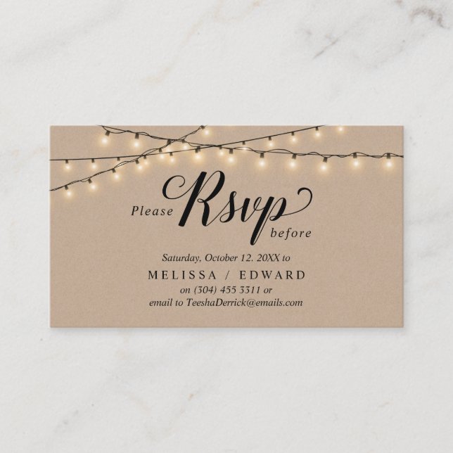 String Lights Kraft, Black Script, RSVP respond Enclosure Card (Front)