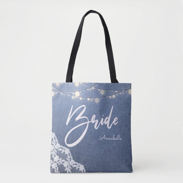 String Lights, Lace & Jean Floral Tote Bag (Front)