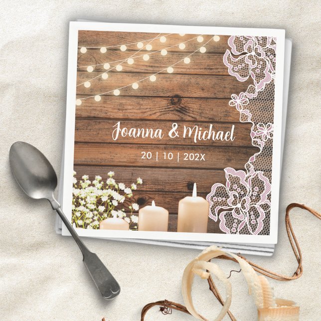 String Lights Lace Mr and Mrs Rustic Wood Wedding Napkin (Creator Uploaded)