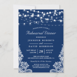String Lights Lace Navy Wedding Rehearsal Dinner Invitation