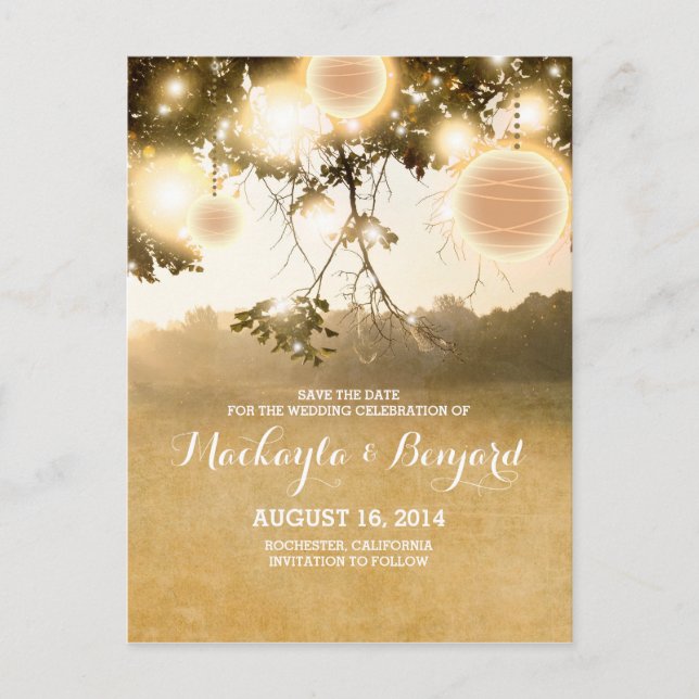 String lights & lanterns romantic save the date announcement postcard (Front)