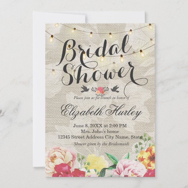 String Lights & Linen Floral Bridal Shower Wedding Invitation (Front)