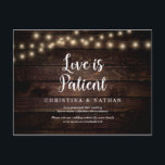 String Lights, Love is Patient, Black, Postponed Postcard<br><div class="desc">This is the modern minimal clean rustic farm dark wood String Lights design themed,  in Black font,  Wedding party invitation Rescheduled (postponed / postponement) postcard (Love is Patient) . It is the perfect and elegant way to make the reschedule announcement to your friends and family.</div>