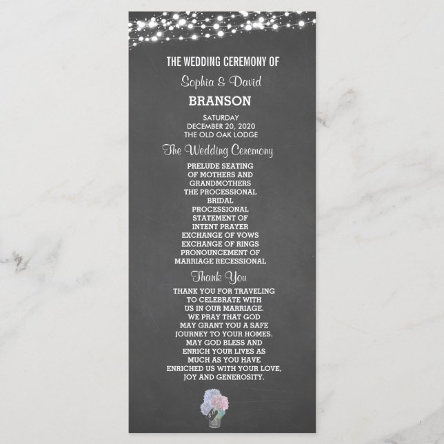 String Lights Mason Jar Chalkboard Wedding Program (Front)