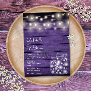 String Lights Mason Jar Rustic Purple Wood Wedding Invitation