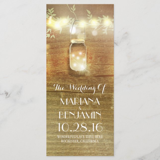 string lights mason jar rustic wedding programs (Front)