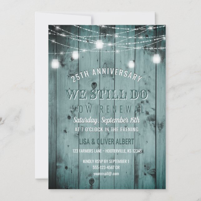 String Lights Mason Jar Rustic Wood Vow Renewal Invitation (Front)