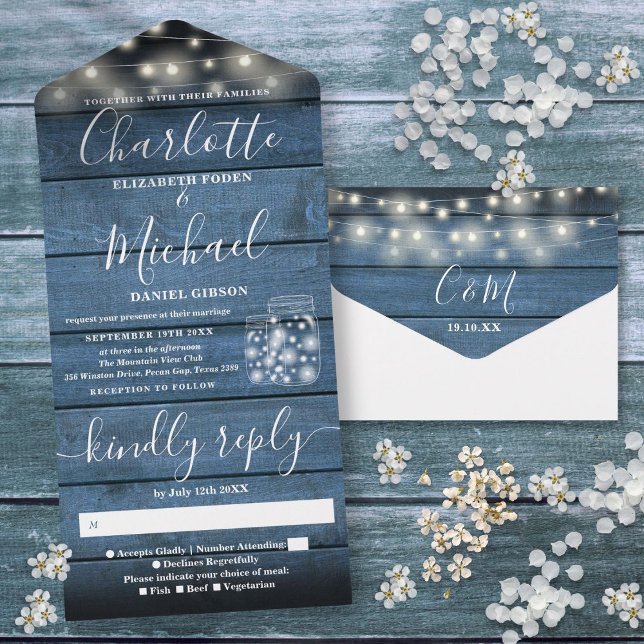 String Lights Mason Jars Blue Rustic Wood Wedding All In One Invitation (String Lights Mason Jars Blue Rustic Wood Wedding All In One Invitation)