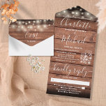 String Lights Mason Jars Rustic Barn Wood Wedding All In One Invitation<br><div class="desc">All in one wedding invitation featuring pretty string lights,  mason jars,  signature style names and chic typography on a rustic wood background. The invitation includes a perforated RSVP card with meal choice. Designed by Thisisnotme©</div>