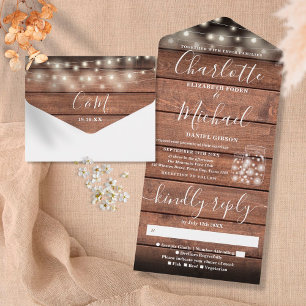String Lights Mason Jars Rustic Barn Wood Wedding All In One Invitation