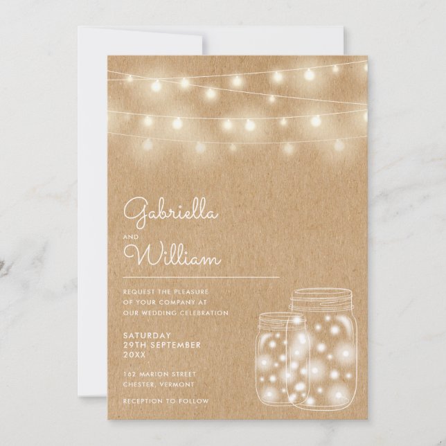 String Lights Mason Jars Rustic Kraft Wedding Invitation (Front)