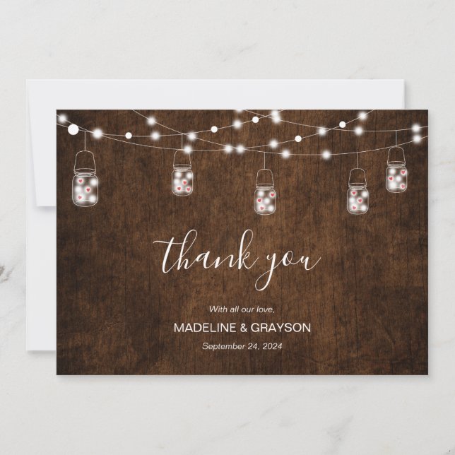 String Lights Mason Jars Rustic Wood Wedding Thank You Card (Front)