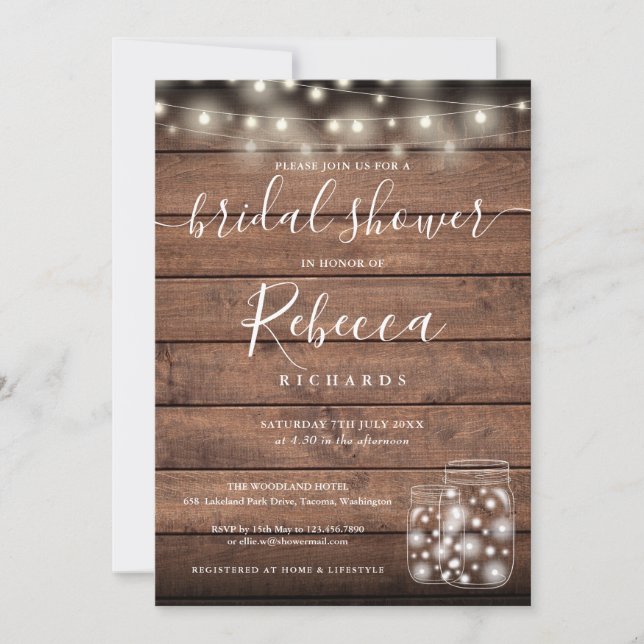 String Lights Mason Jars Script Bridal Shower Invitation (Front)