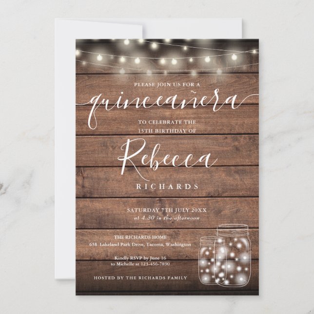 String Lights Mason Jars Script Quinceañera 15th Invitation (Front)