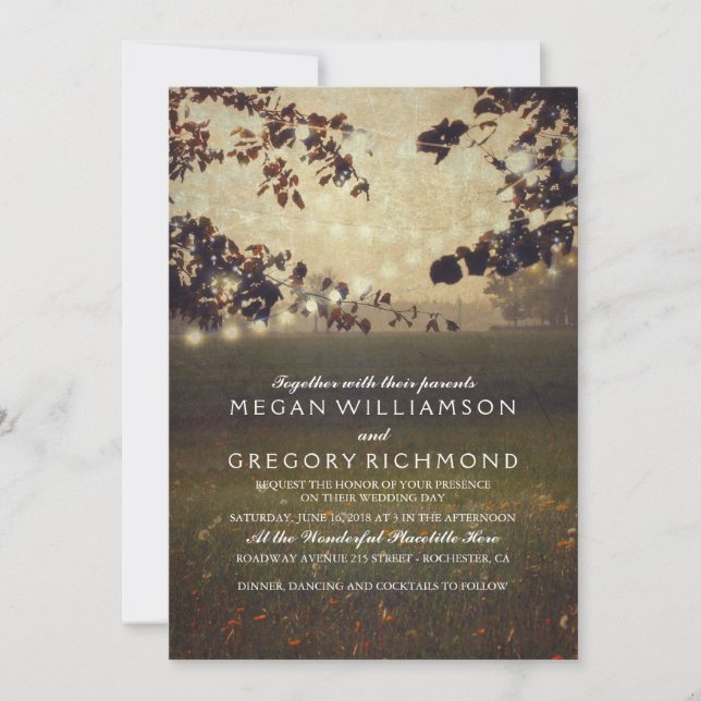 String Lights Meadow Tree Branches Retro Wedding Invitation (Front)