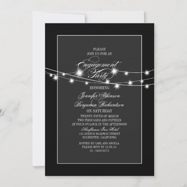 string lights modern black engagement party invitation (Front)