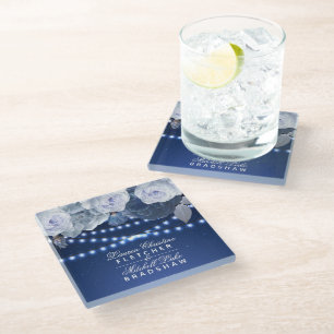 String lights Modern Blue Elegant Wedding Glass Coaster